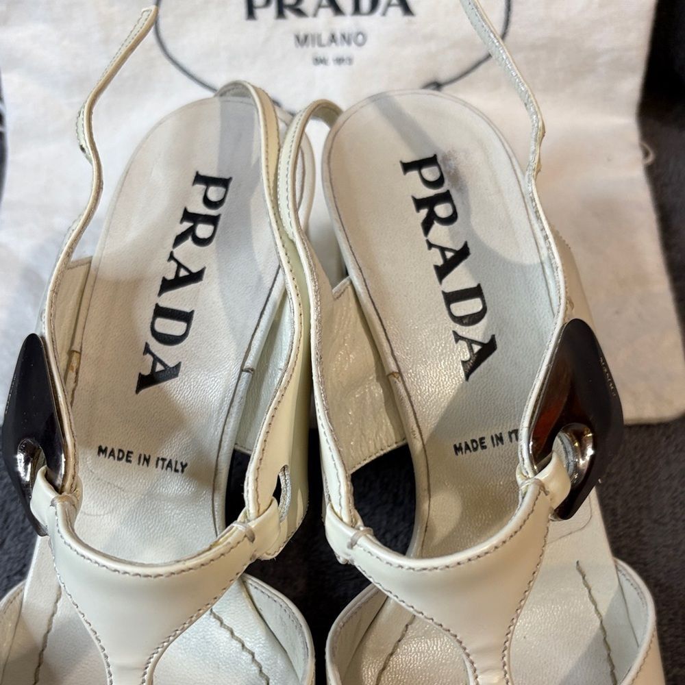 Prada Geometric Cream Logo Triangle Slingback Pumps In Argento 35.5 Sale As Is - Picture 11 of 15